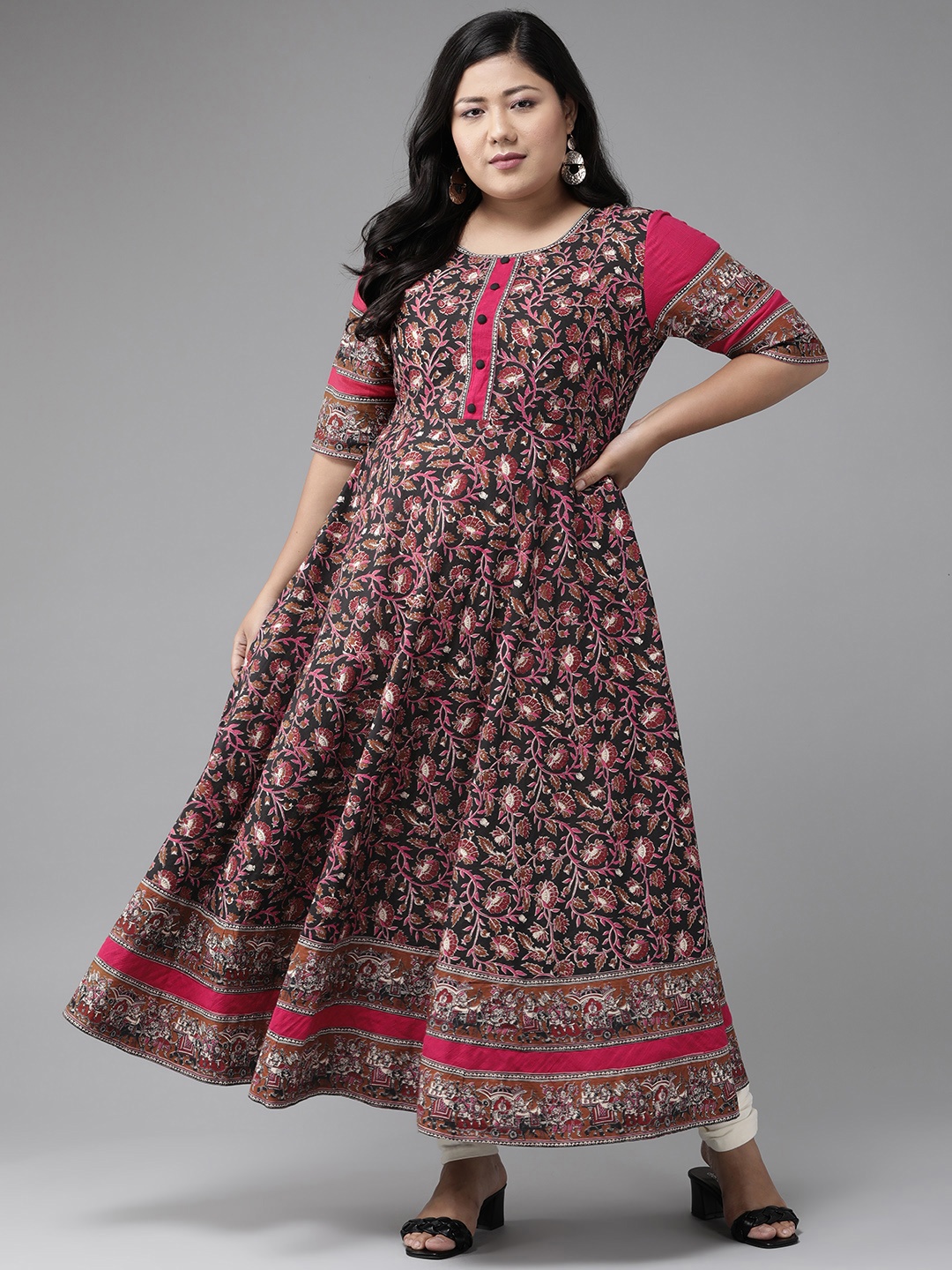 

YASH GALLERY Plus Size Women Black & Pink Ethnic Motifs Printed A-Line Kurta