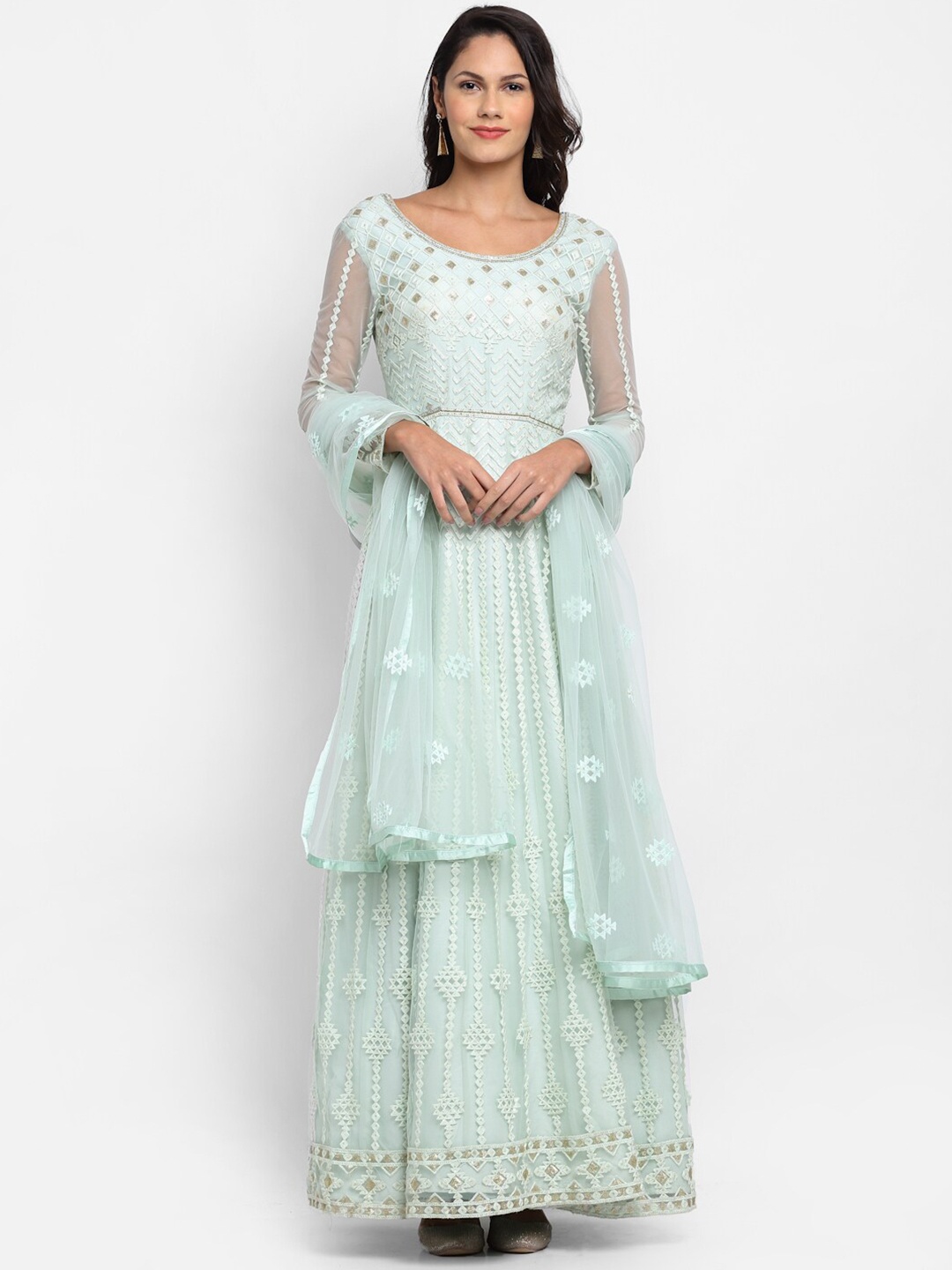 

Stylee LIFESTYLE Green & Gold-Toned Net Semi-Stitched Dress Material