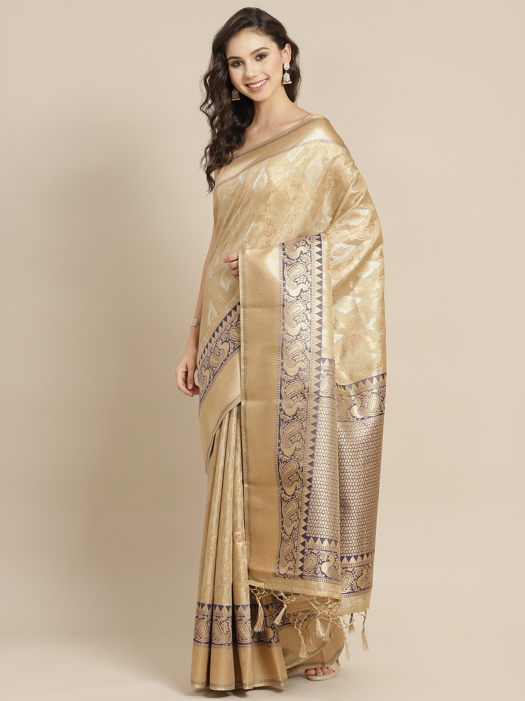 

Mitera Beige & Golden Ethnic Motifs Liva Saree