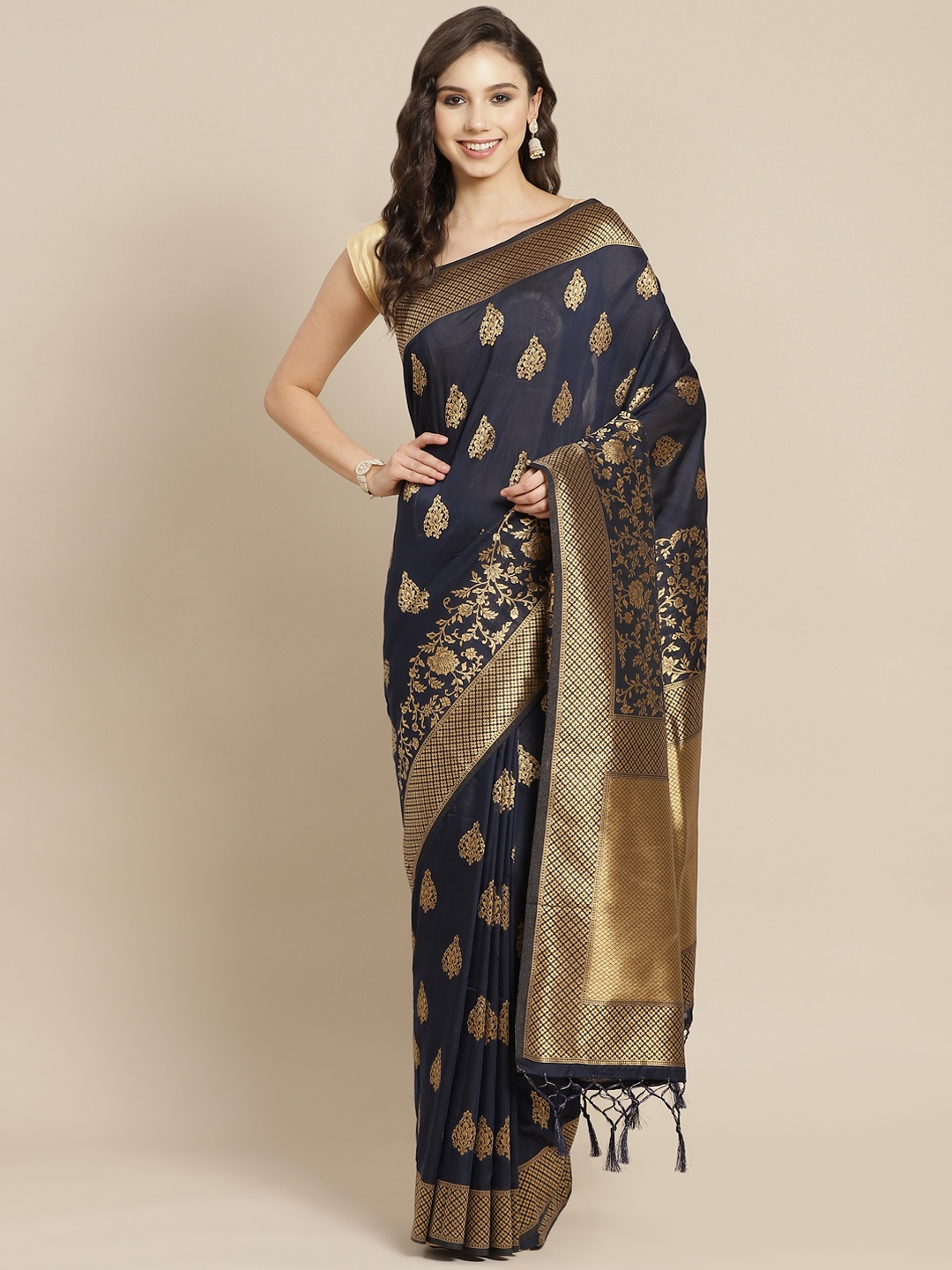 

Mitera Navy Blue & Golden Ethnic Motifs Liva Saree
