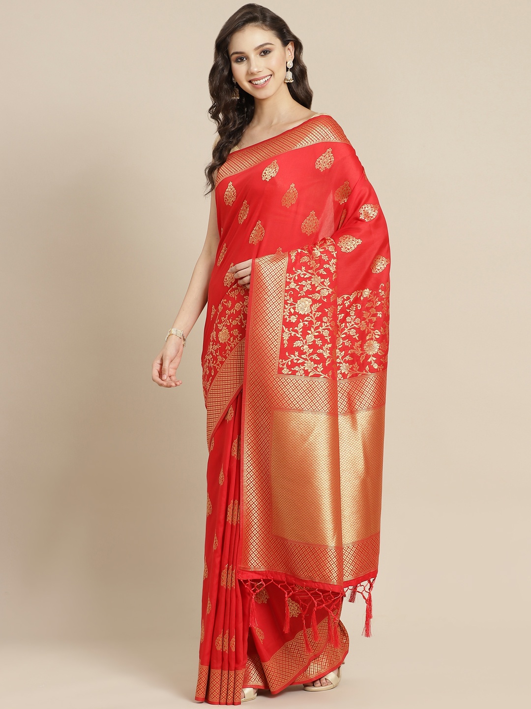 

Mitera Red & Golden Ethnic Motifs Liva Saree