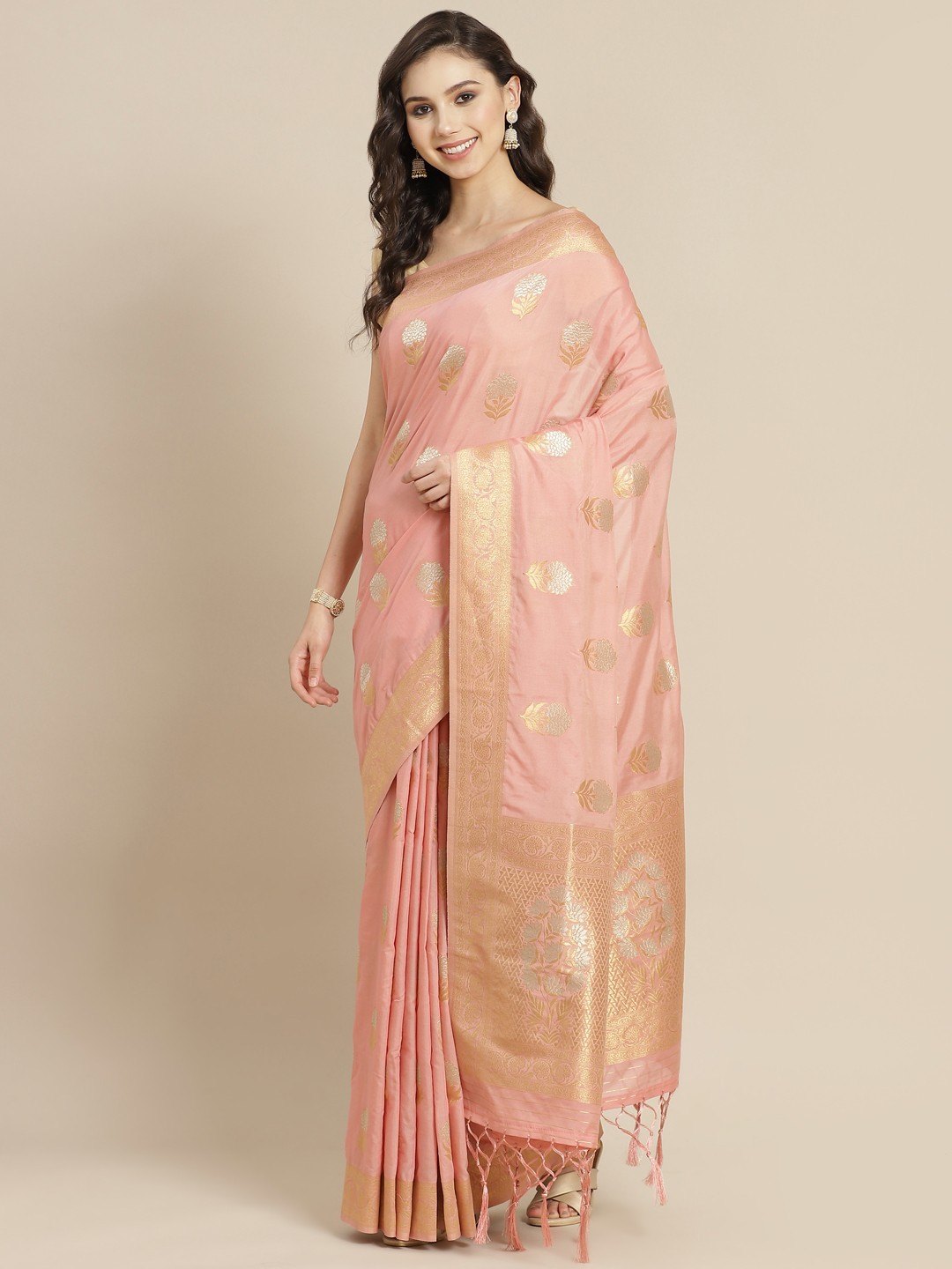

Mitera Peach-Coloured & Golden Ethnic Motifs Liva Saree