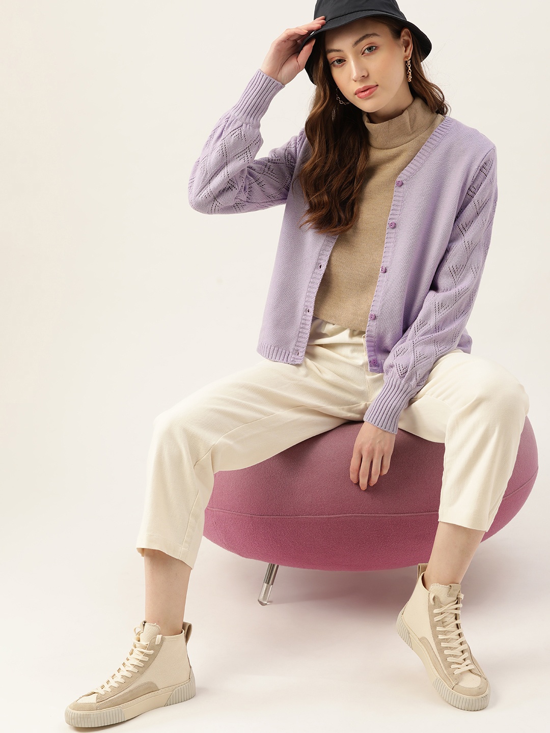 

DressBerry Women Lavender Solid Cardigan