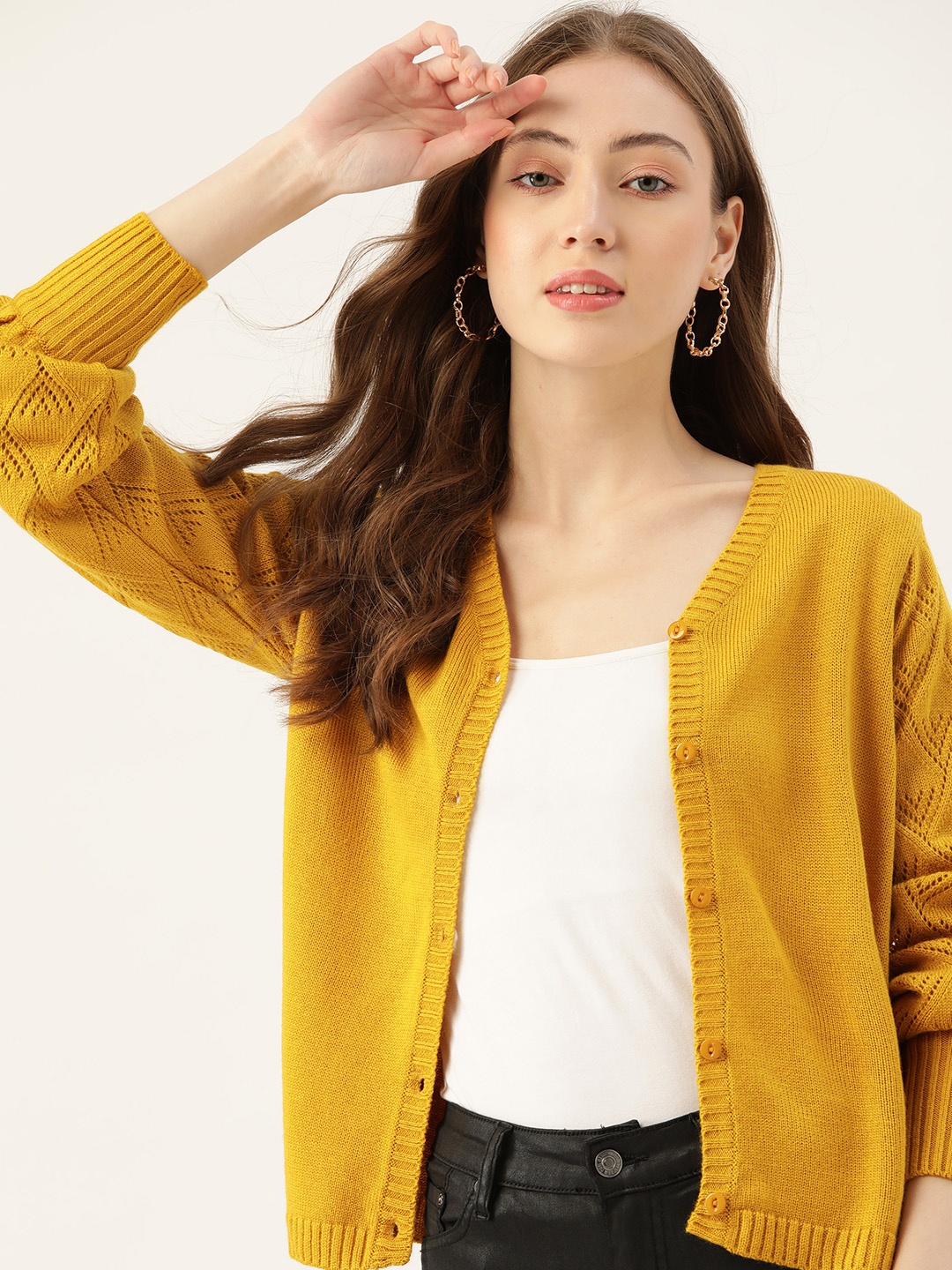 

DressBerry Women Mustard Yellow Solid Cardigan