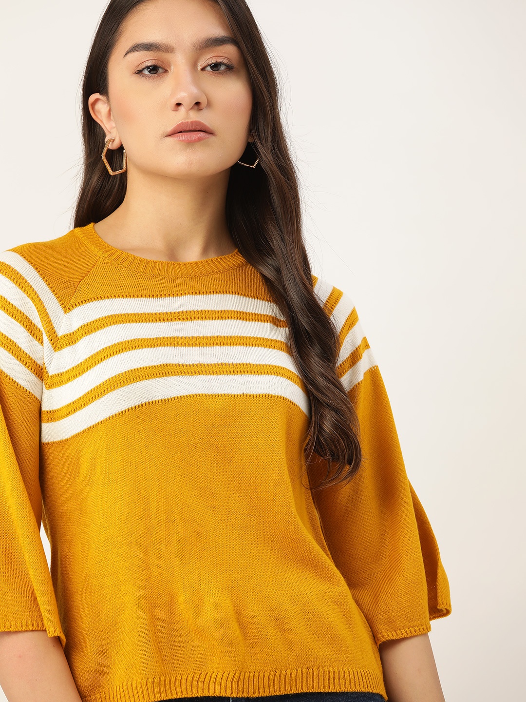 

DressBerry Women Mustard Yellow & White Striped Pullover