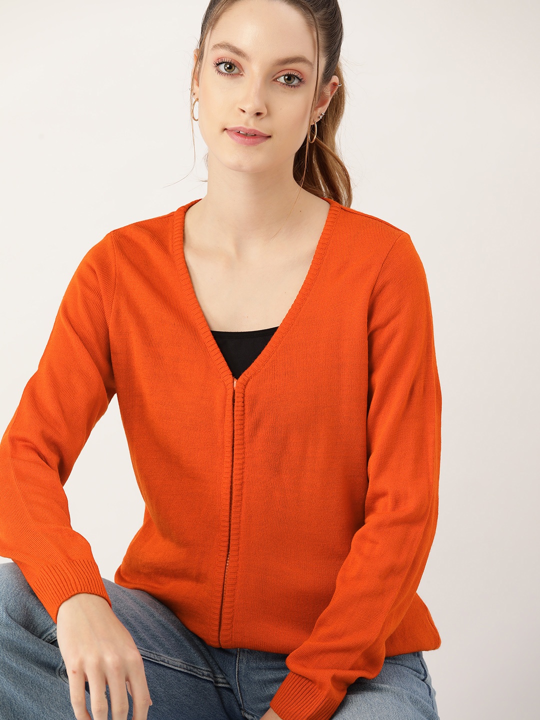 

DressBerry Women Orange Solid Cardigan