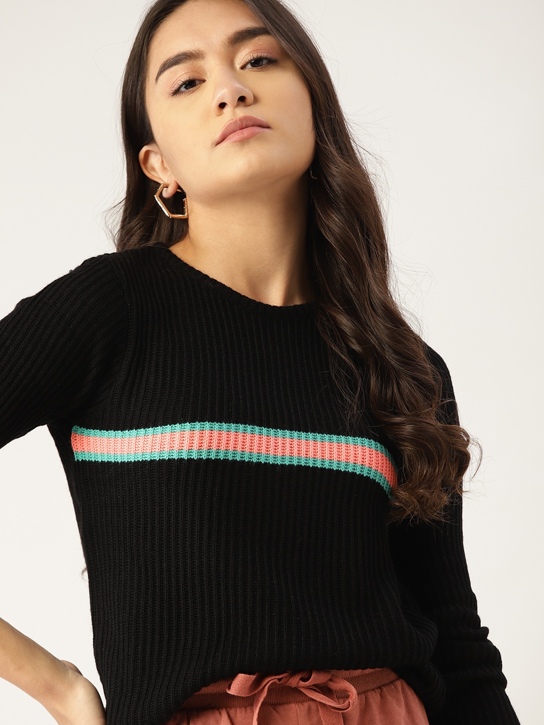 

DressBerry Women Black Striped Detail Pullover