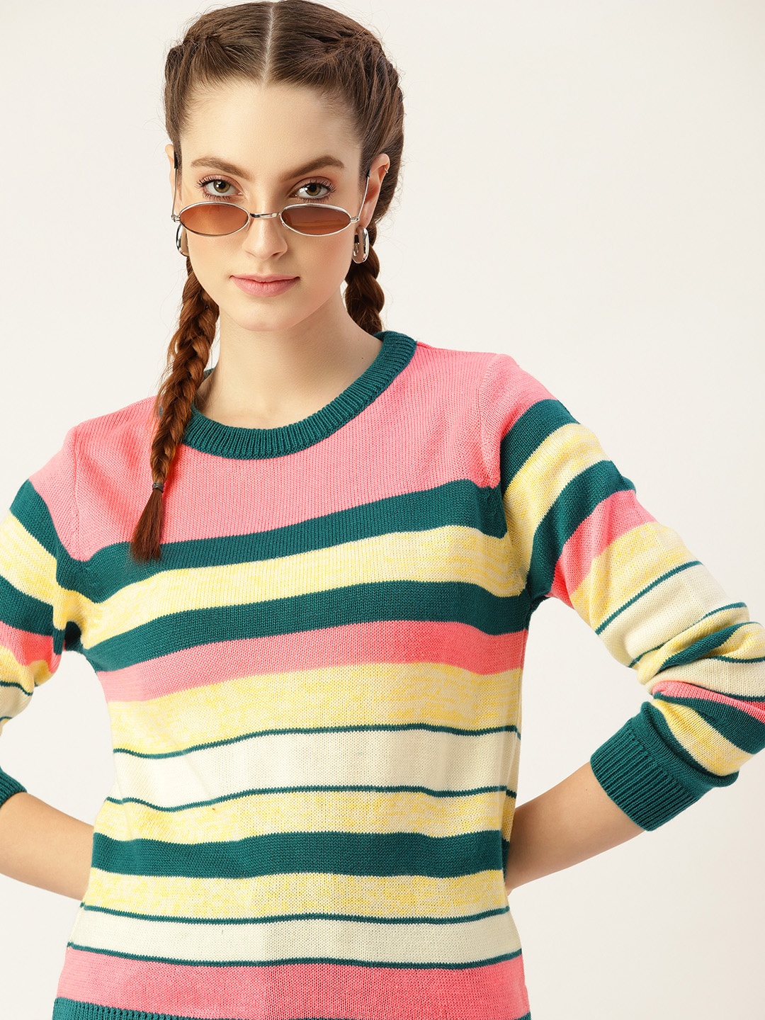 

DressBerry Women Yellow & Pink Striped Pullover