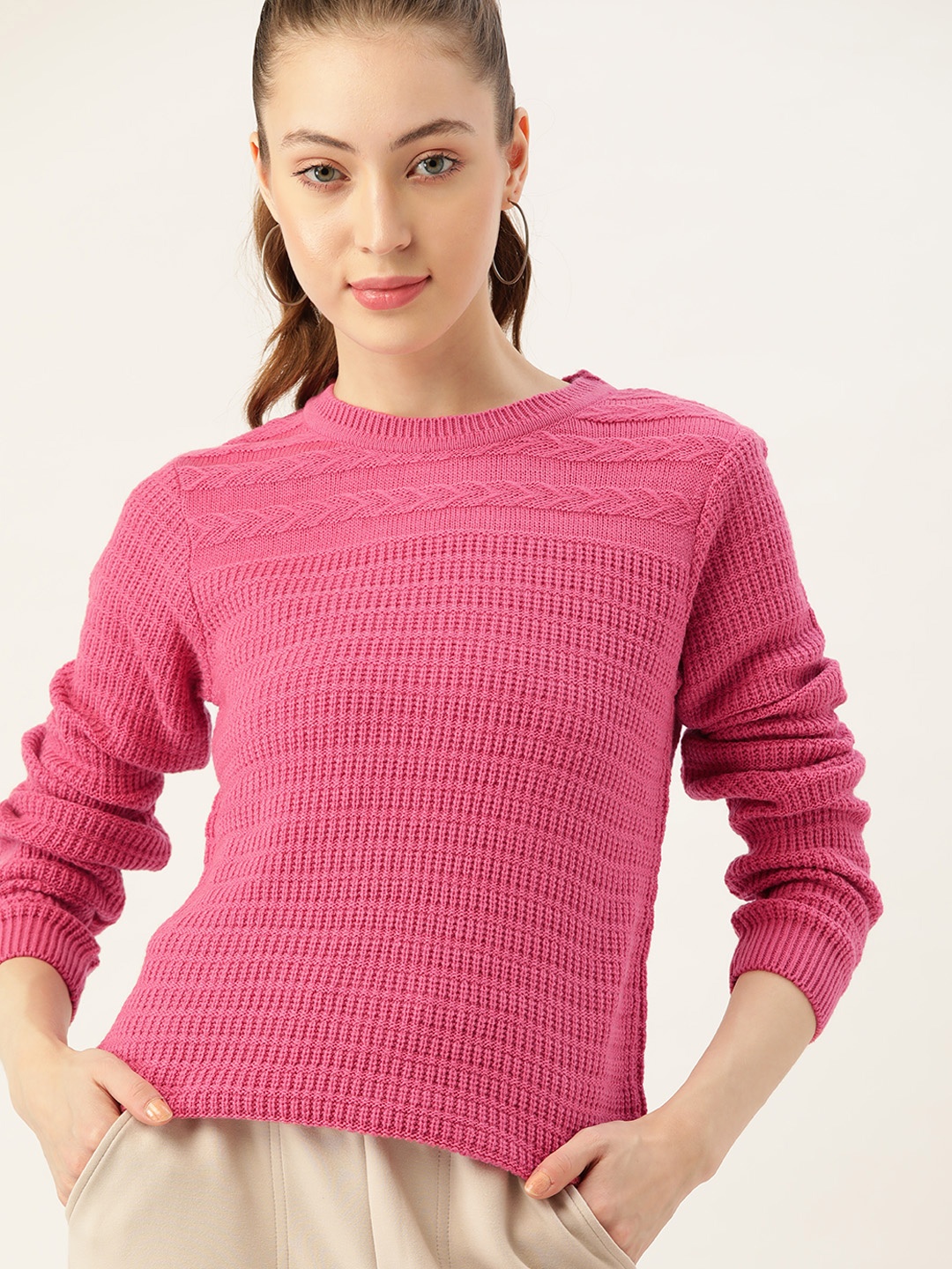

DressBerry Women Pink Self Design Pullover