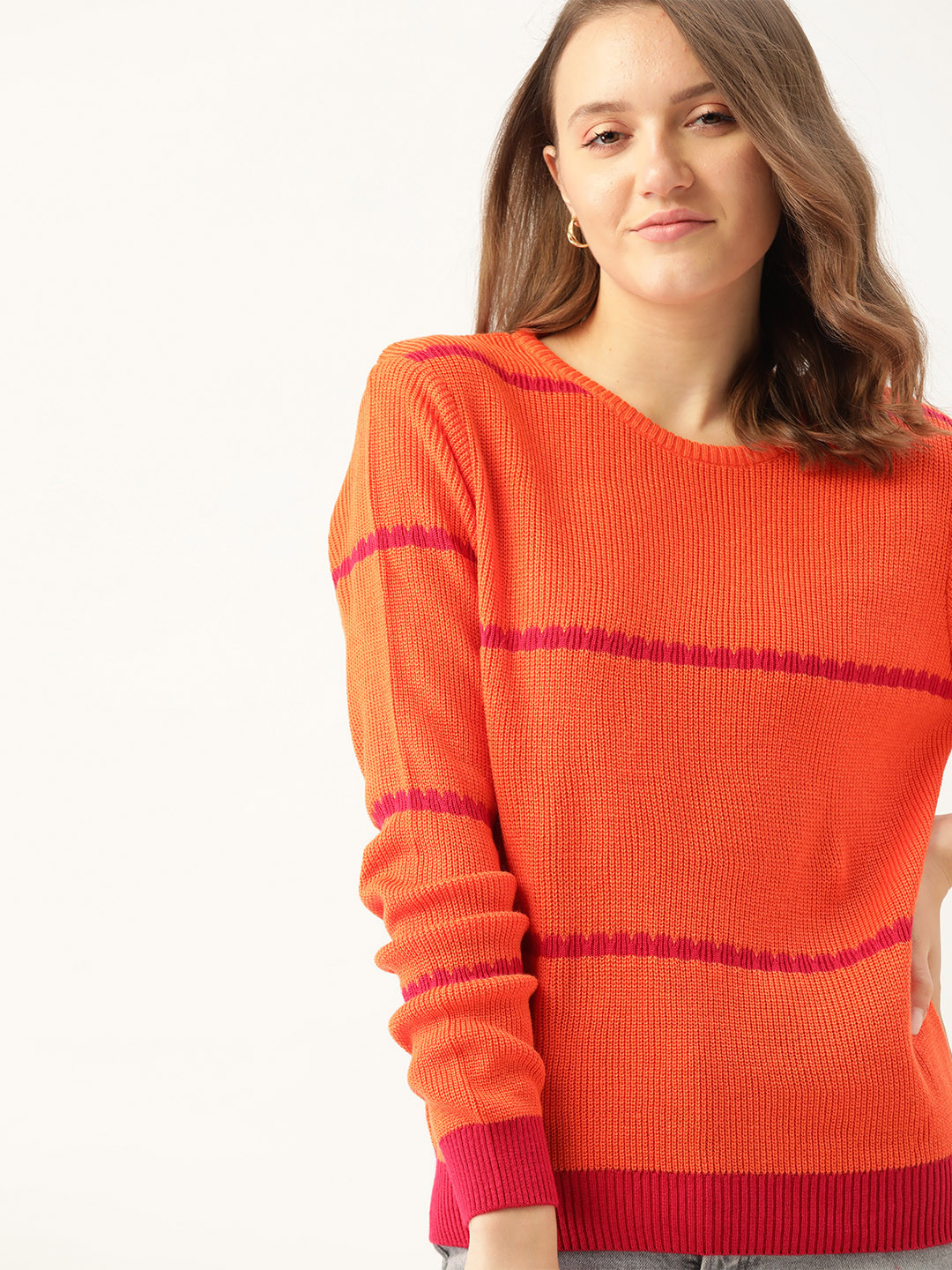 

DressBerry Women Orange & Pink Striped Pullover