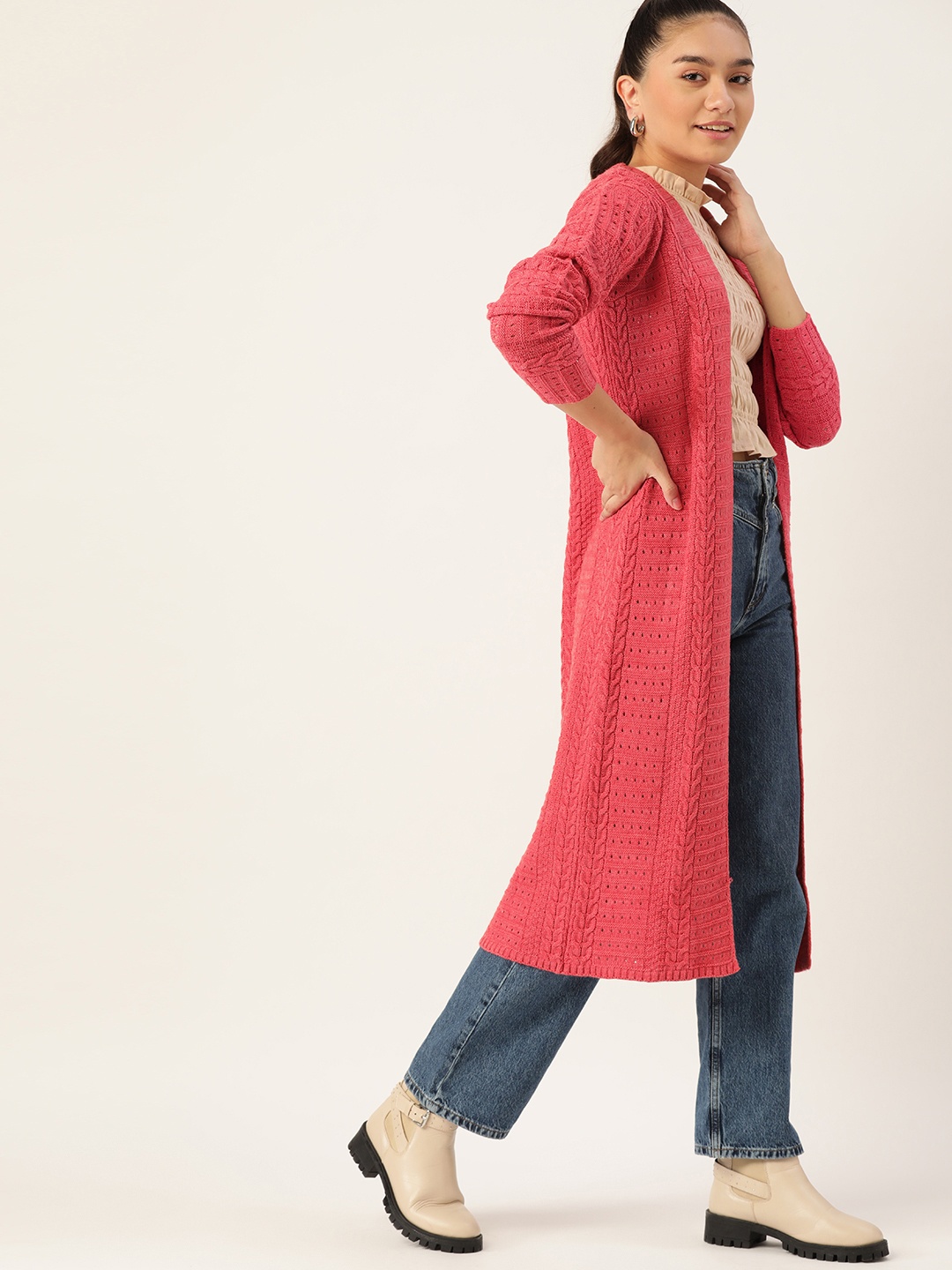 

DressBerry Women Pink Woven Design Longline Front-Open