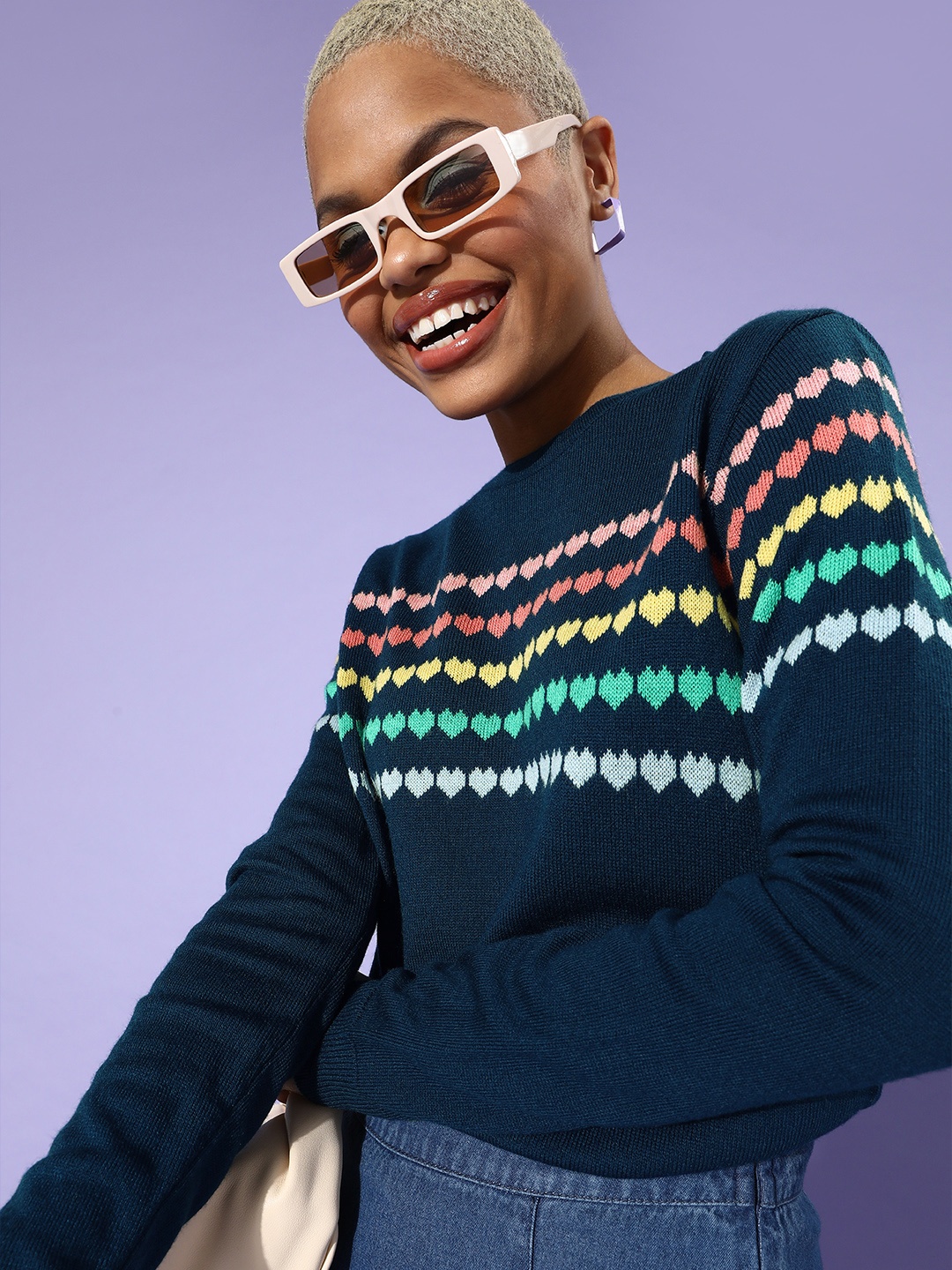 

DressBerry Women Deep Navy Blue Striped Acrylic Sweater