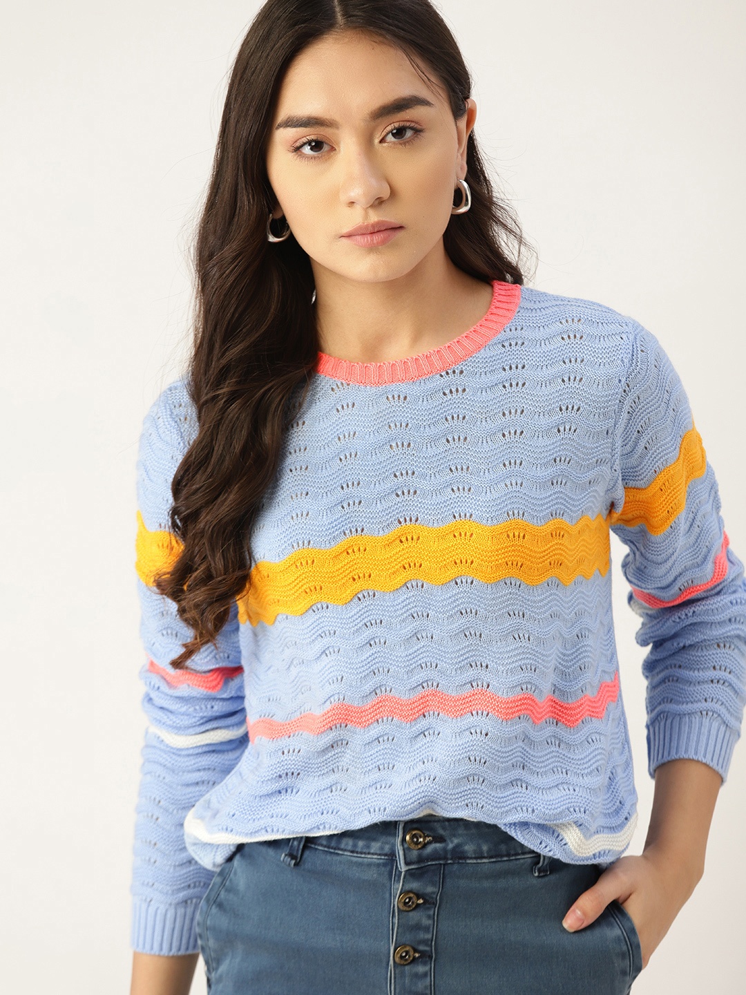 

DressBerry Women Blue & Yellow Striped Open Knit Pullover