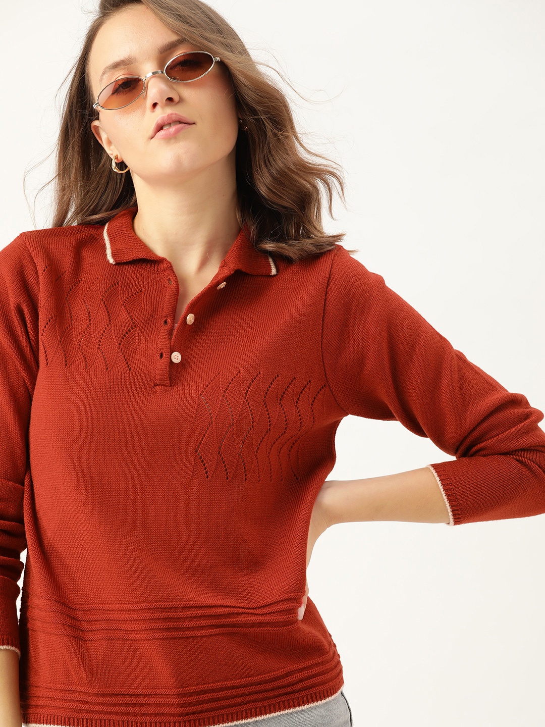 

DressBerry Women Rust Orange Open Knit Polo Collar Pullover