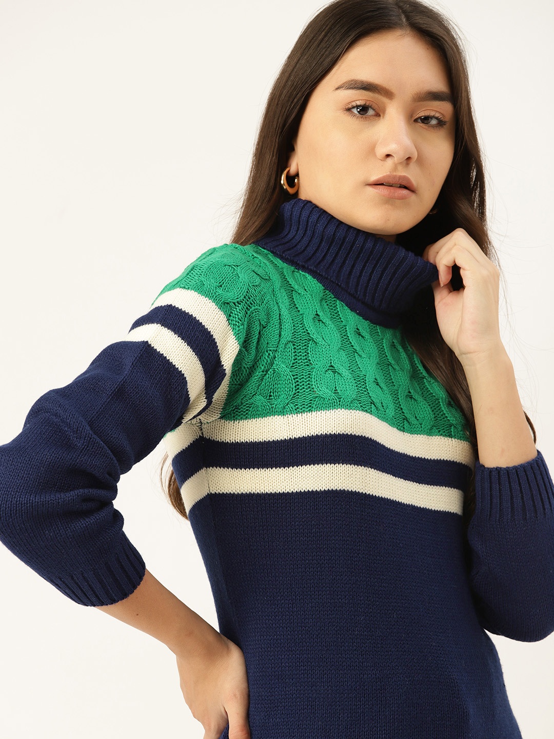 

DressBerry Women Navy Blue & Green Colourblocked Pullover with Cable Knit Detail