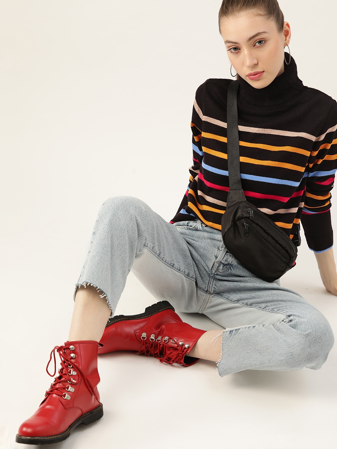 

DressBerry Women Black & Mustard Yellow Striped Turtle Neck Pullover