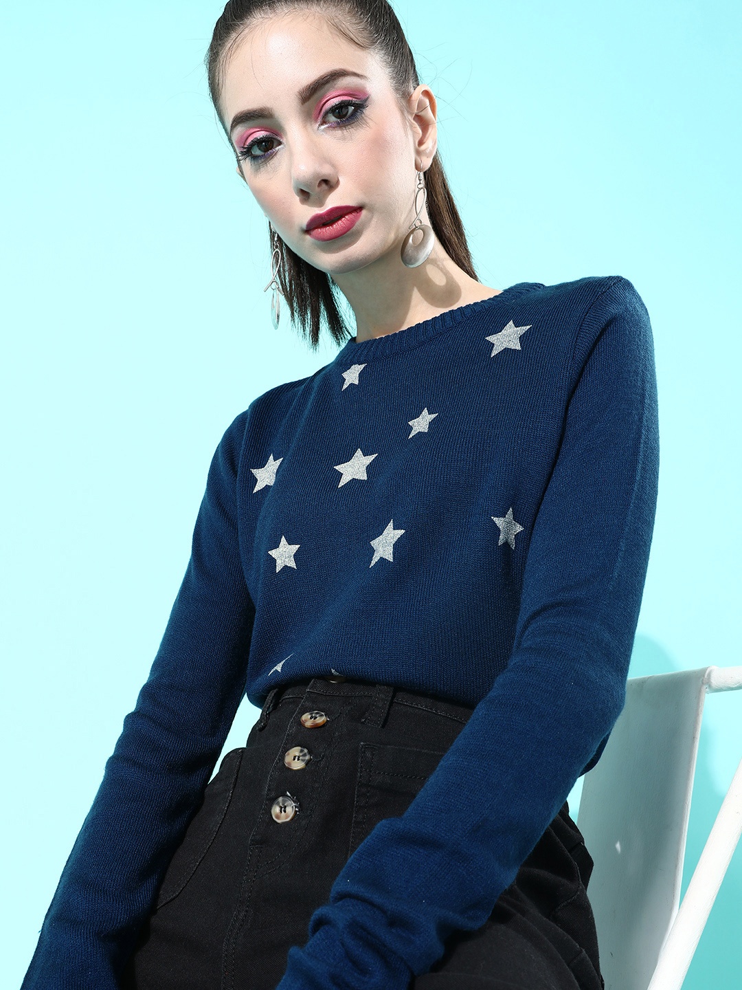 

DressBerry Women Deep Navy Blue Conversational Knitted Sweater