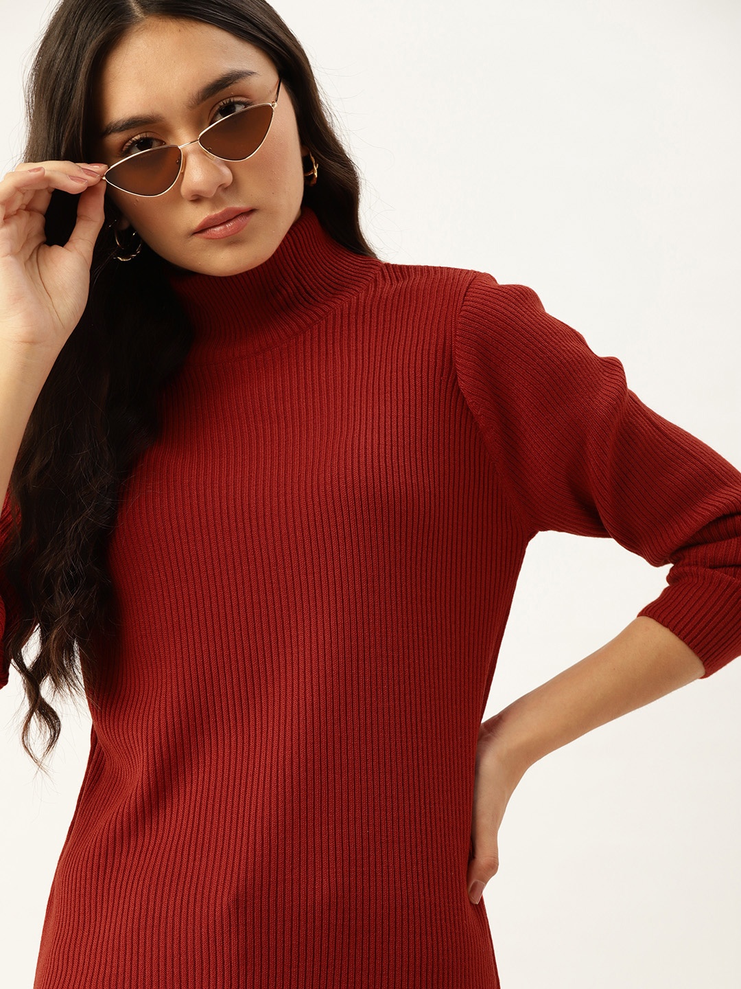 

DressBerry Women Maroon Ribbed Longline Pullover