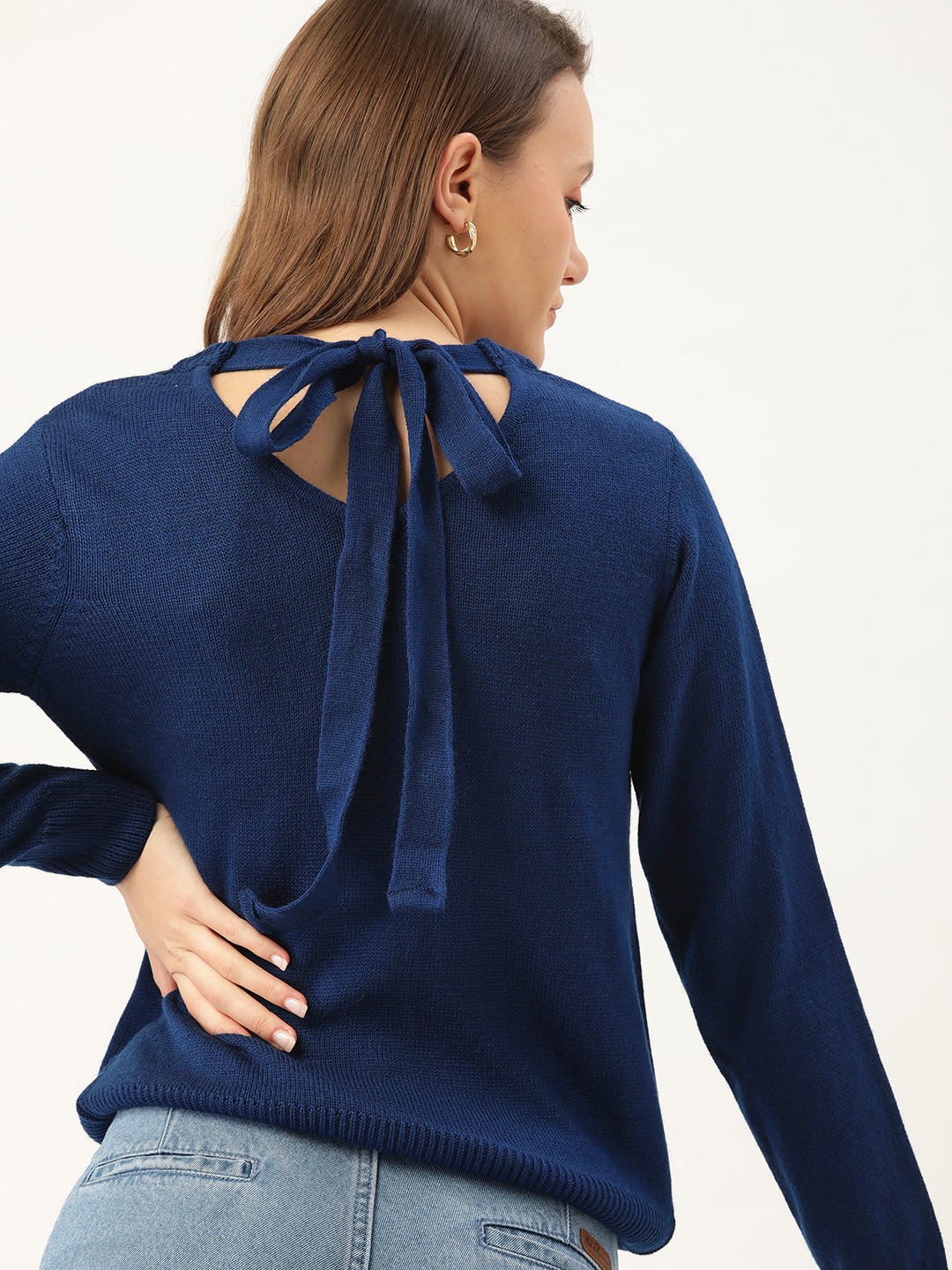 

DressBerry Women Navy Blue Floral Embroidered Pullover with Tie-Up Back