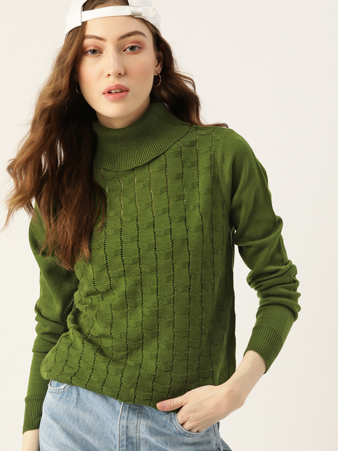 

DressBerry Women Olive Green Self-Design Pullover
