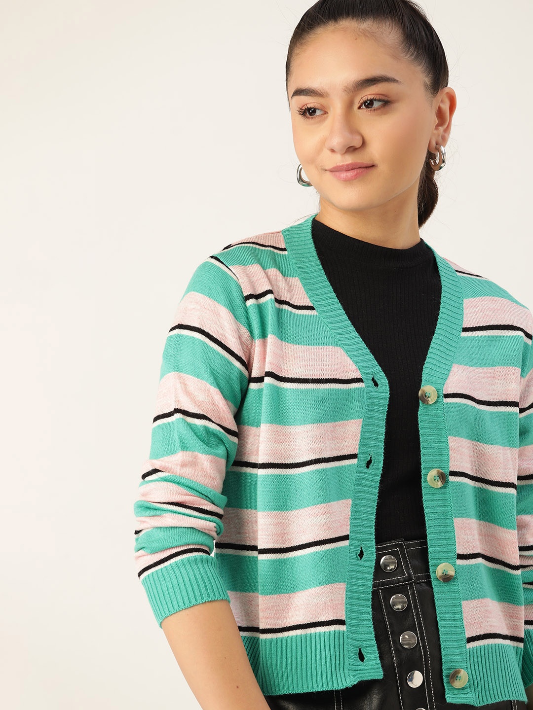 

DressBerry Women Green & Grey Striped Cardigan