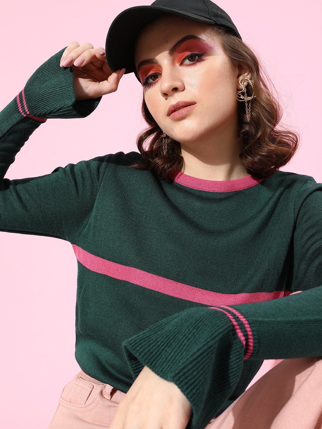 

DressBerry Women Gorgeous Green Striped Bell Sleeves Sweater