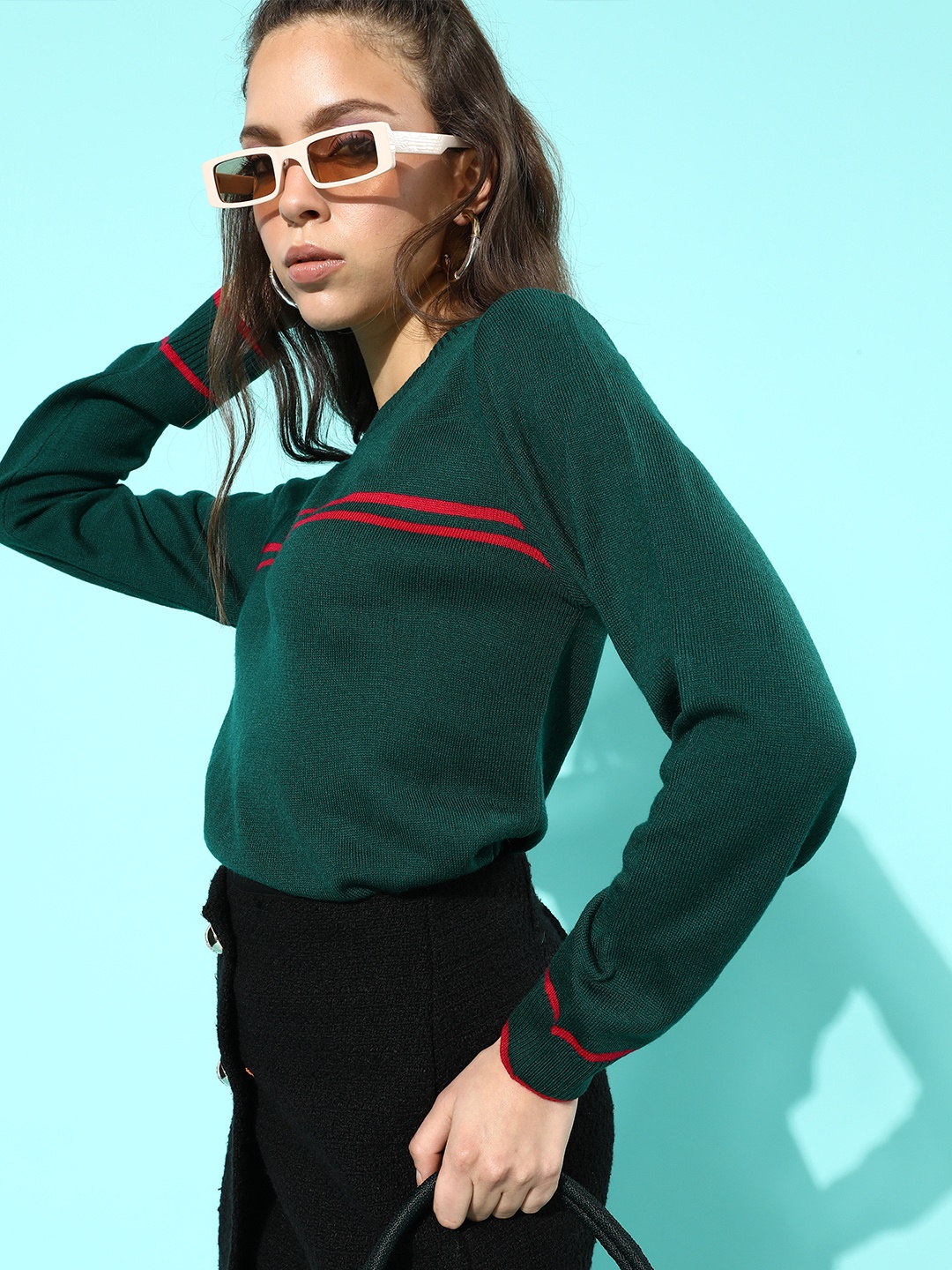 

DressBerry Women Green Striped Knitted Sweater