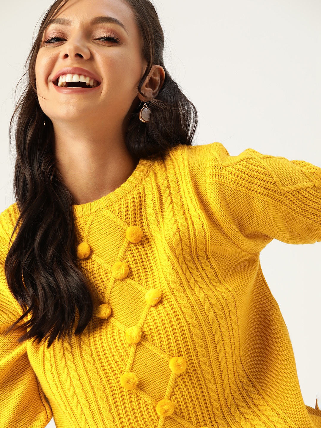 

DressBerry Women Mustard Yellow Cable Knit Pullover