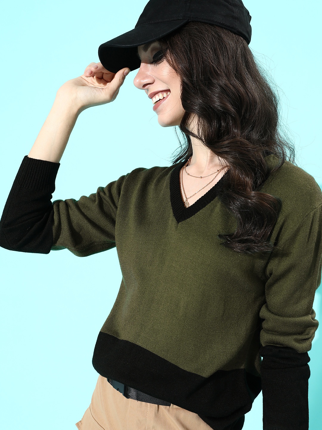 

DressBerry Women Lovely Olive Colourblocked Knitted Sweater