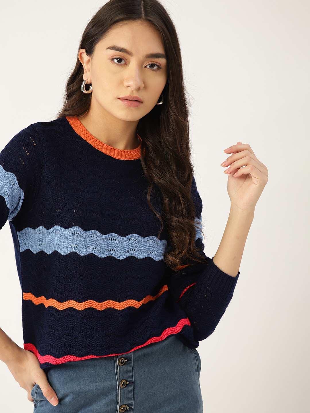 

DressBerry Women Navy Blue Striped Open Knit Pullover