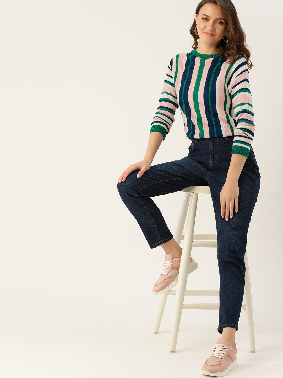

DressBerry Women Navy Blue & Pink Striped Pullover Sweater