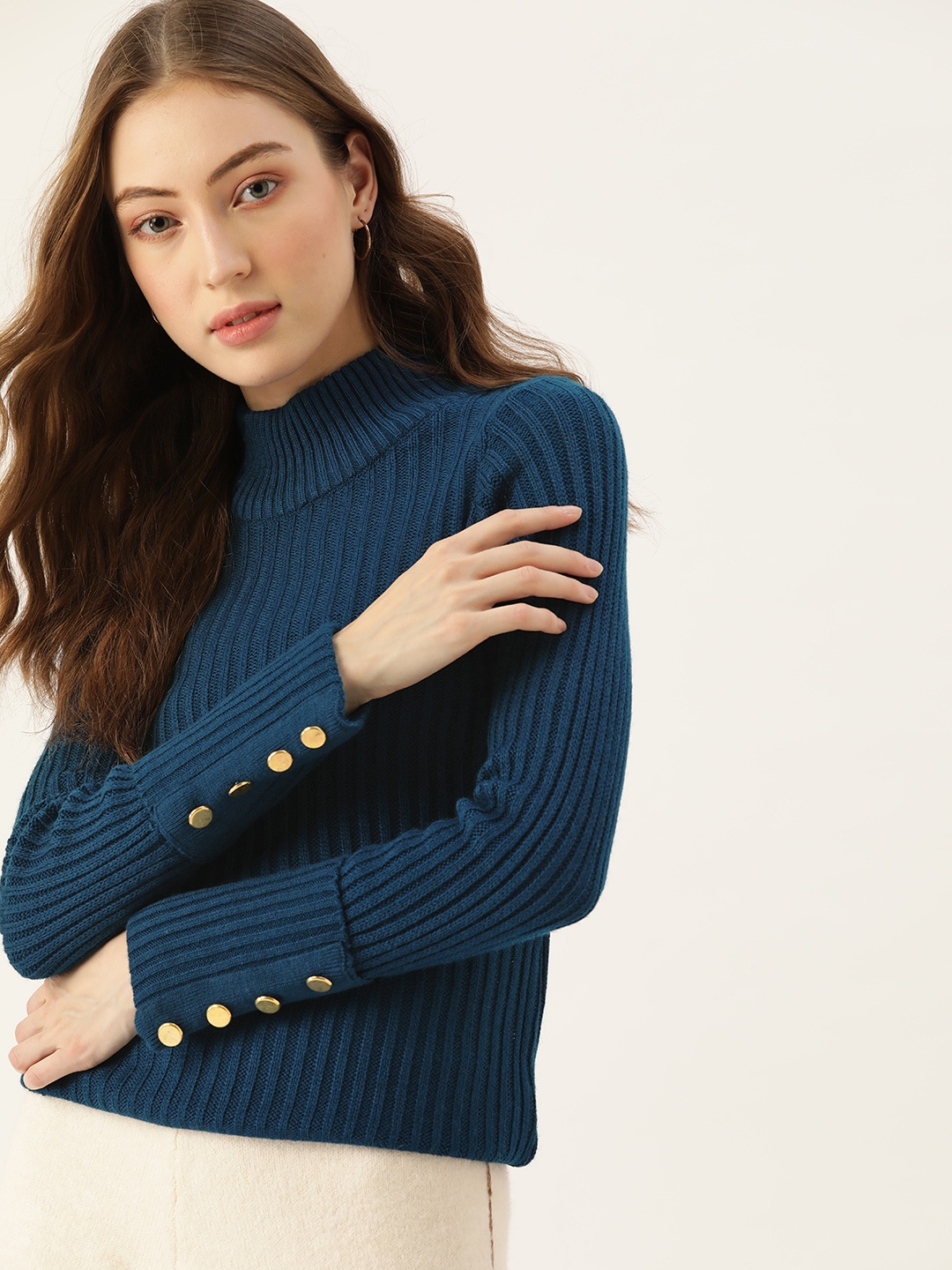 

DressBerry Women Teal Blue Ribbed Pullover