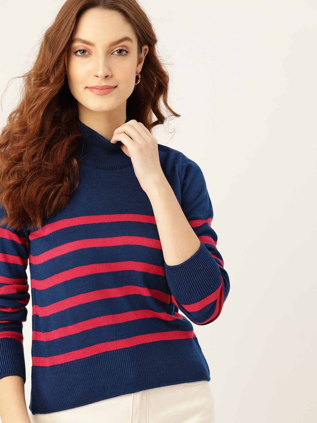 

DressBerry Women Navy Blue & Magenta Striped Pullover