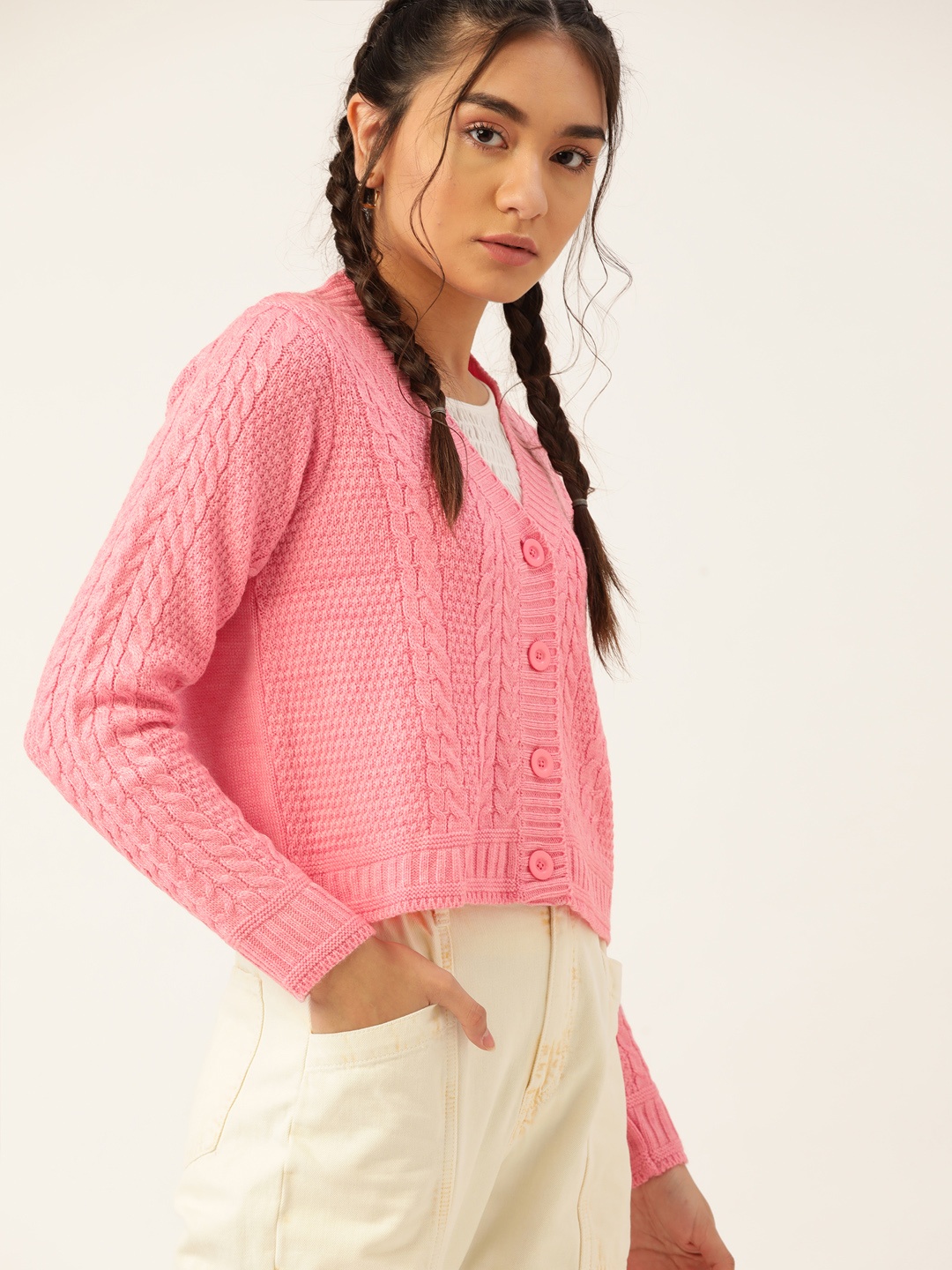 

DressBerry Women Pink Cable Knit Cardigan