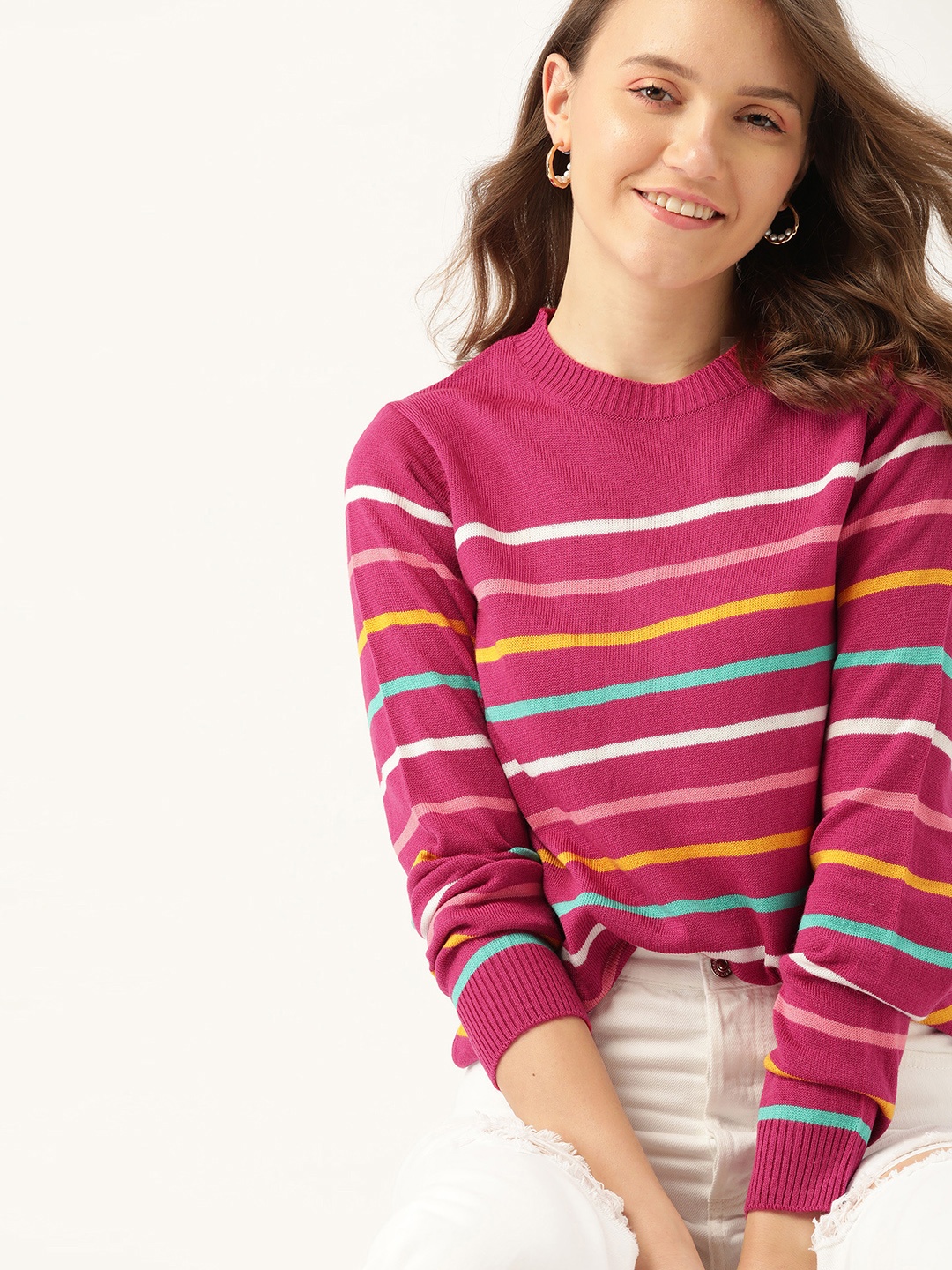 

DressBerry Women Pink & Yellow Striped Pullover