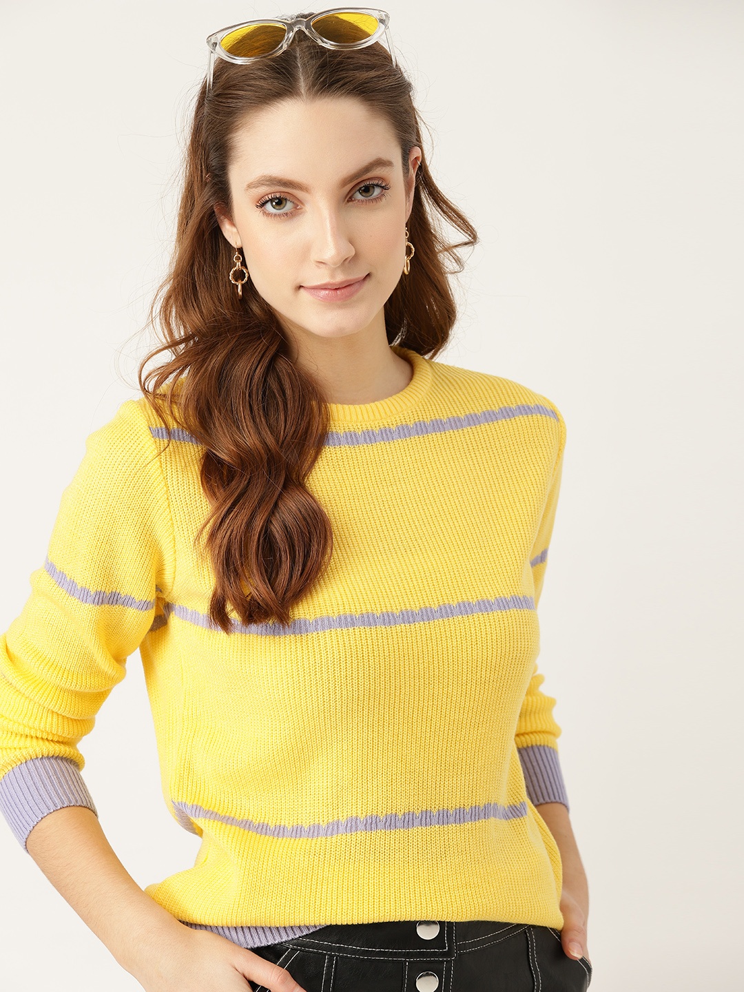

DressBerry Women Yellow & Purple Striped Pullover