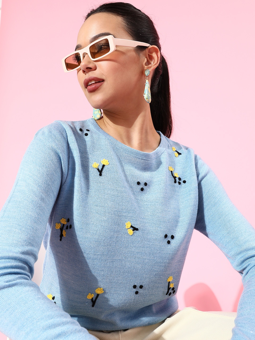 

DressBerry Women Stunning Blue Floral Quirky Outerwear Sweater