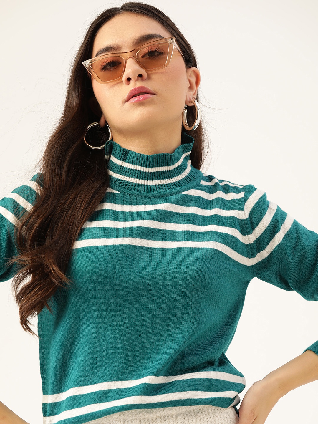 

DressBerry Women Teal Green & White Striped Pullover