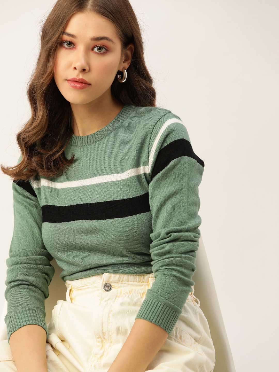 

DressBerry Women Green & Black Striped Pullover