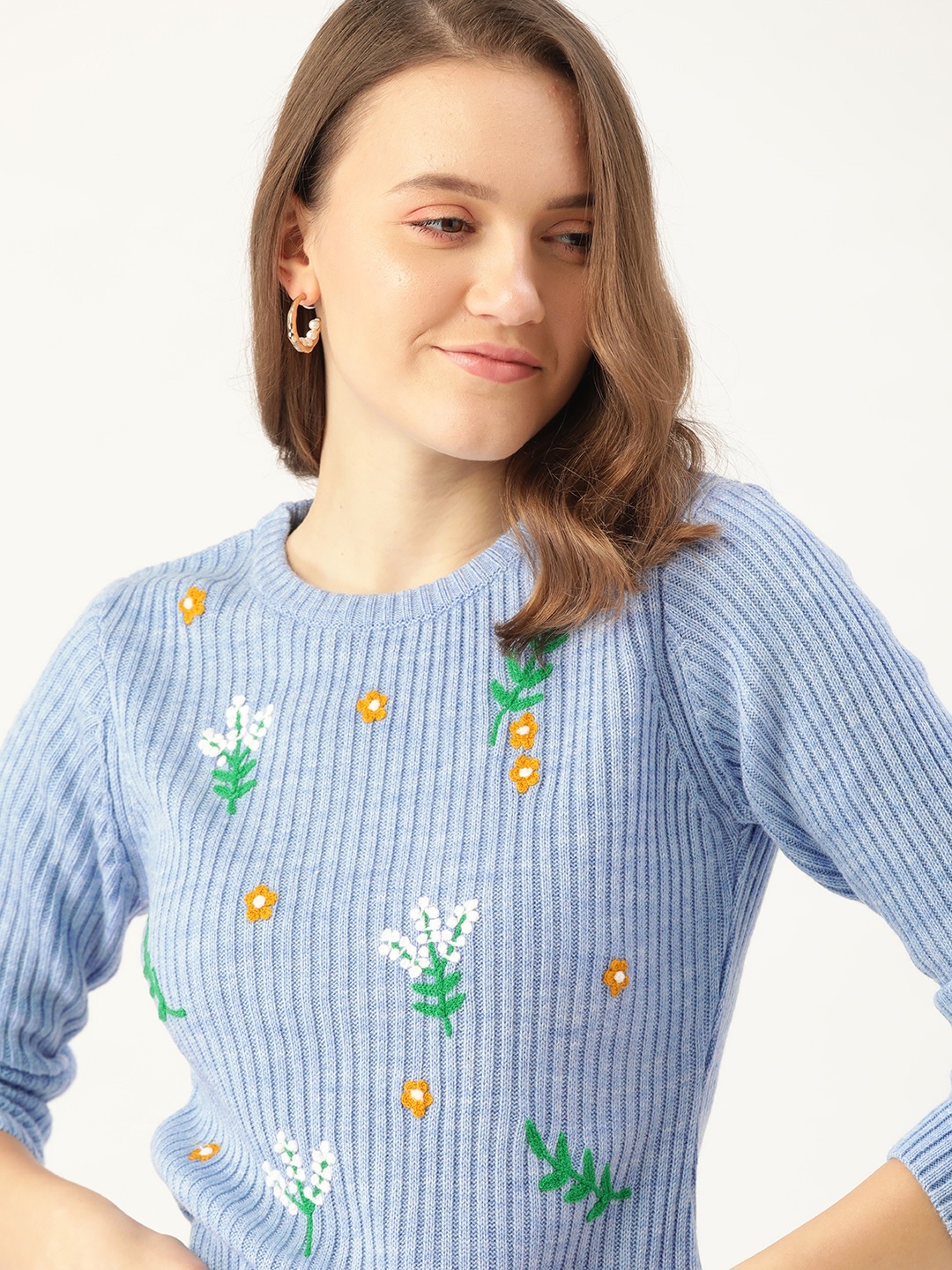 

DressBerry Women Blue & White Ribbed Floral Embroidered Pullover