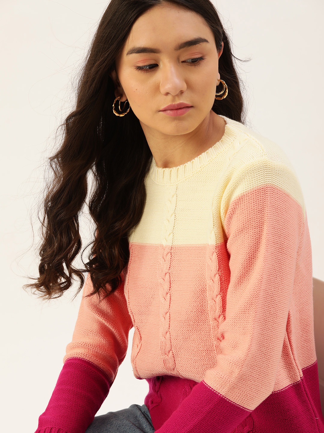 

DressBerry Women Peach-Coloured & Magenta Cable Knit Colourblocked Pullover