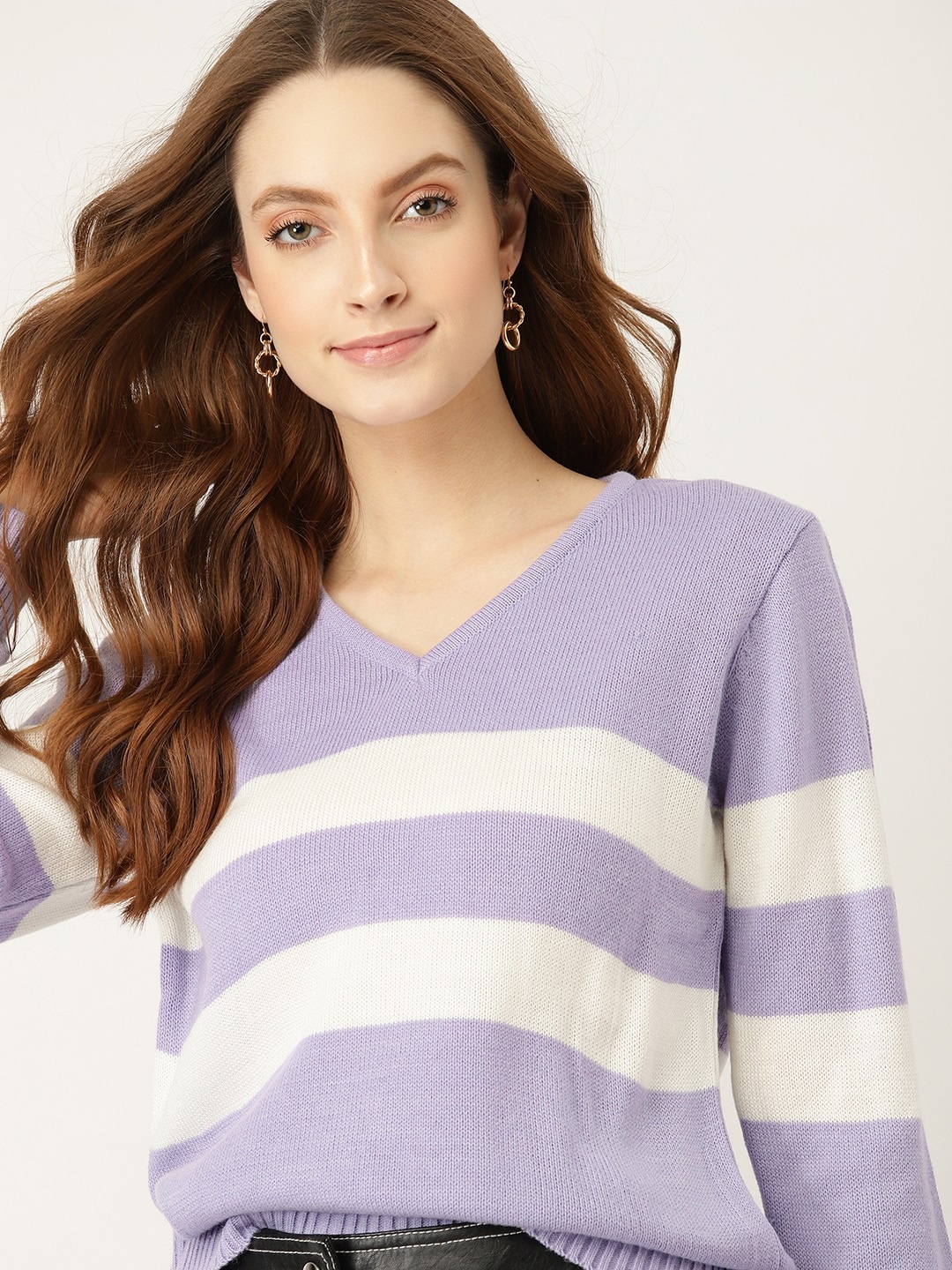 

DressBerry Women Purple & White Striped Pullover