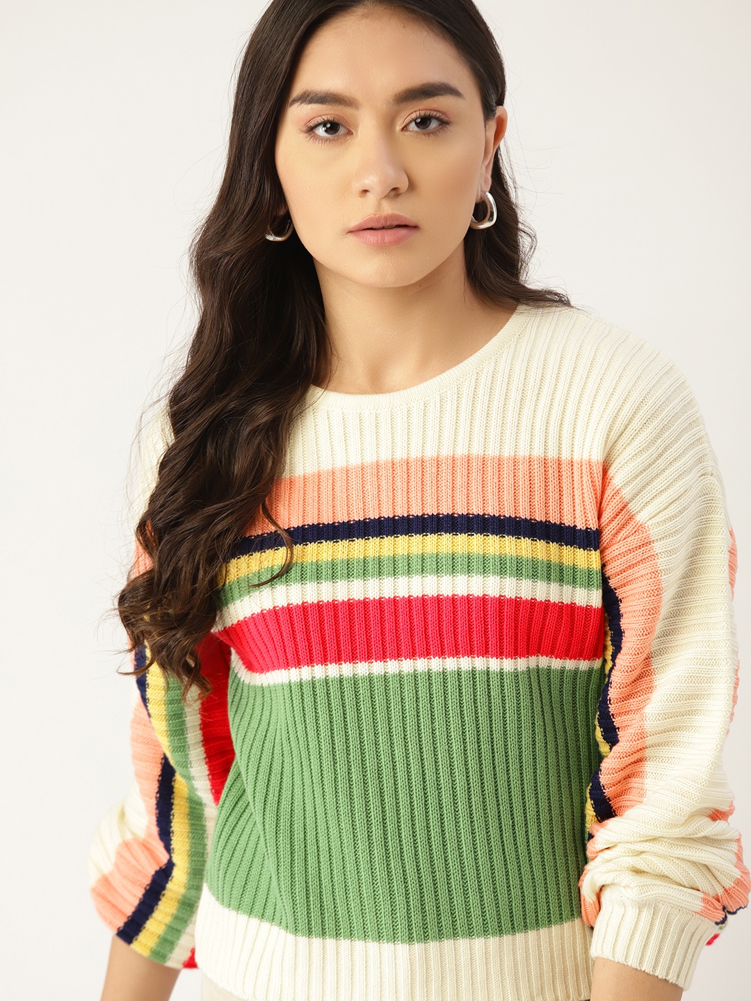 

DressBerry Women Off White & Green Striped Pullover