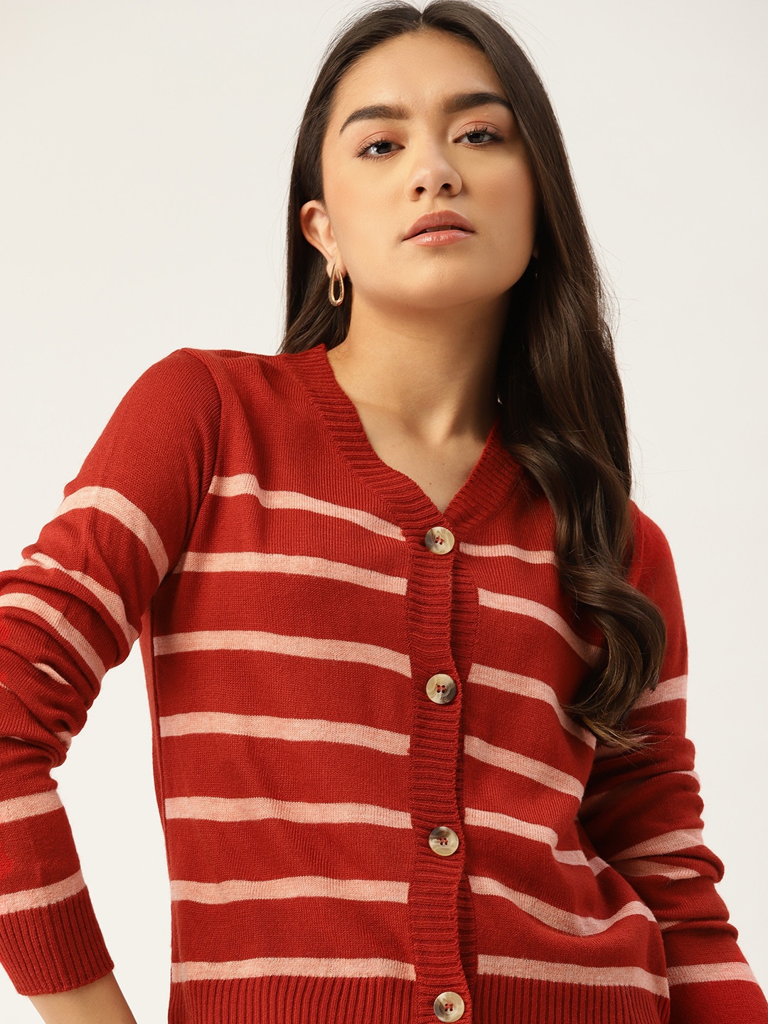 

DressBerry Women Red & Pink Striped Cardigan