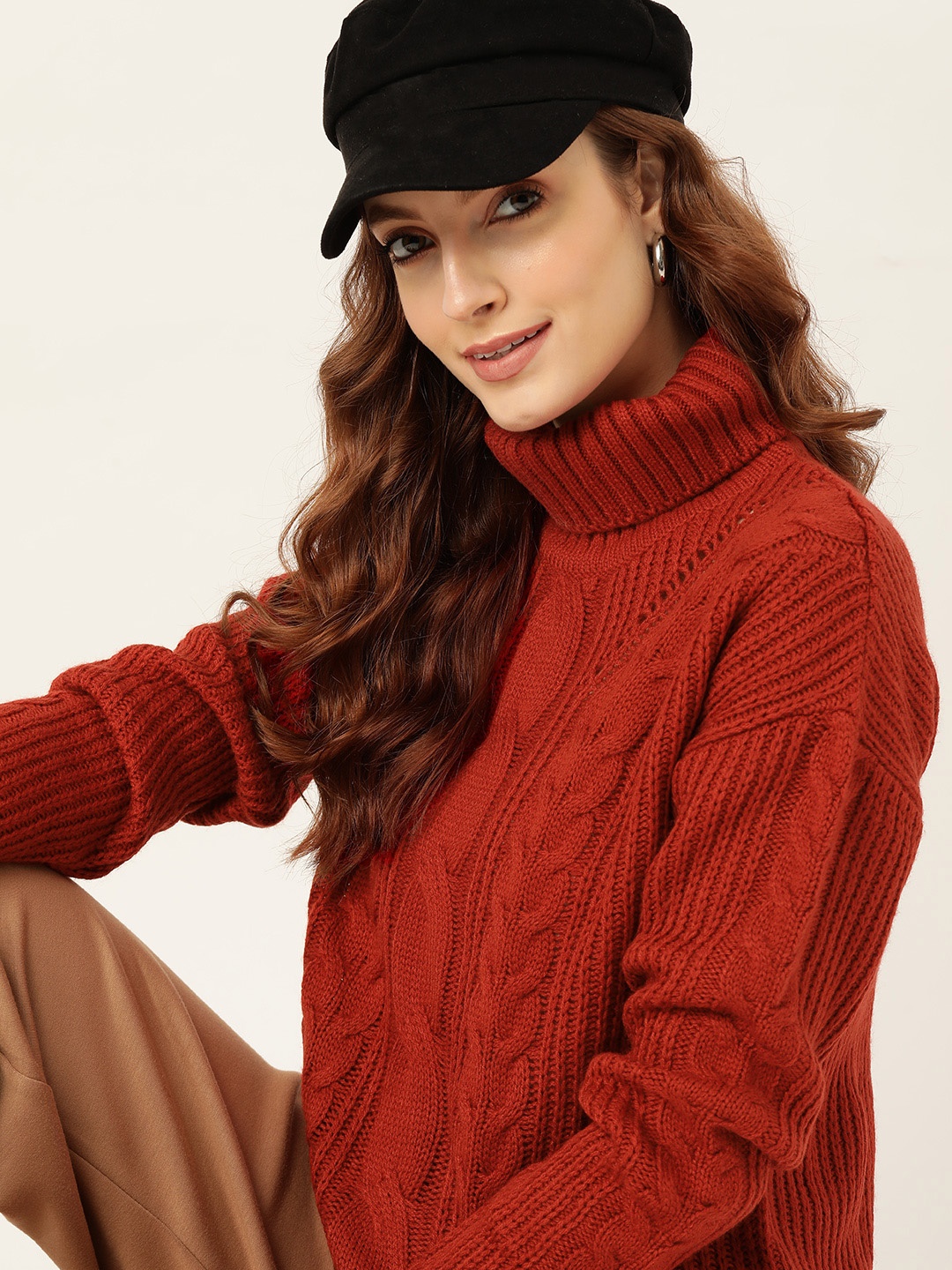 

DressBerry Women Rust Red Turtle Neck Cable Knit Pullover