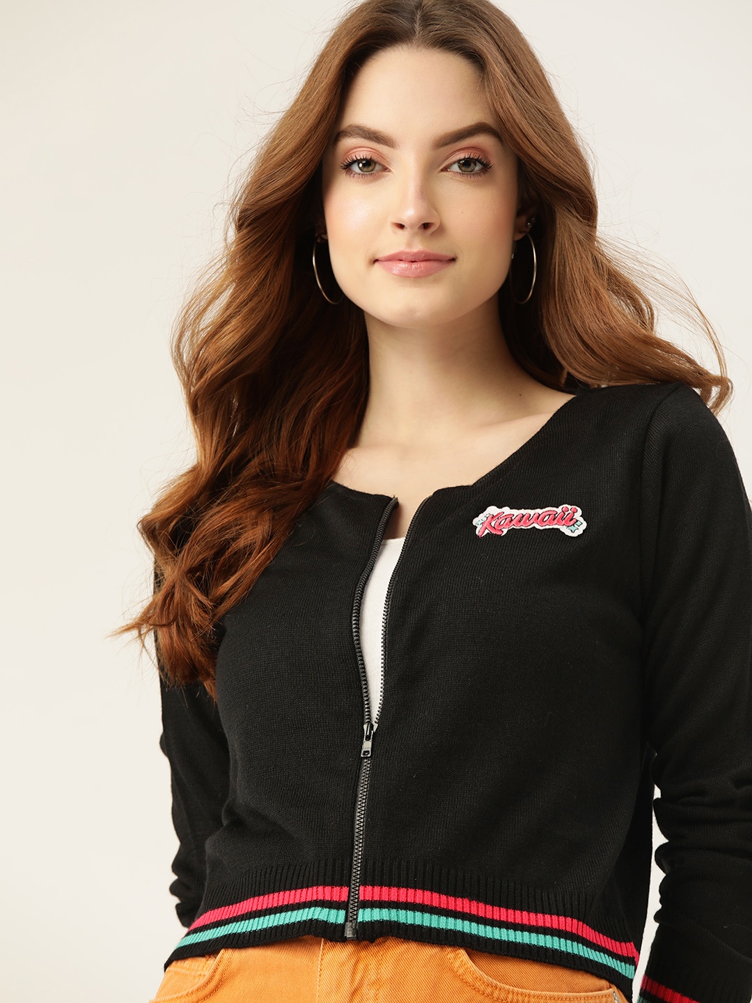 

DressBerry Women Black Crop Cardigan with Applique Detail