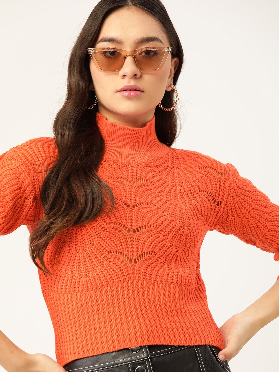 

DressBerry Women Orange Open knit Pullover