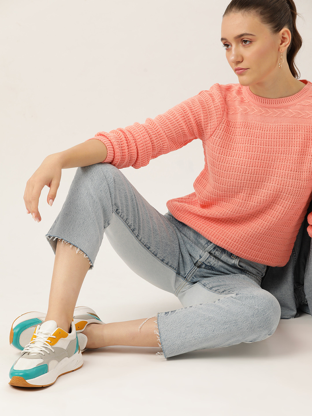 

DressBerry Women Peach-Coloured Self Striped Pullover