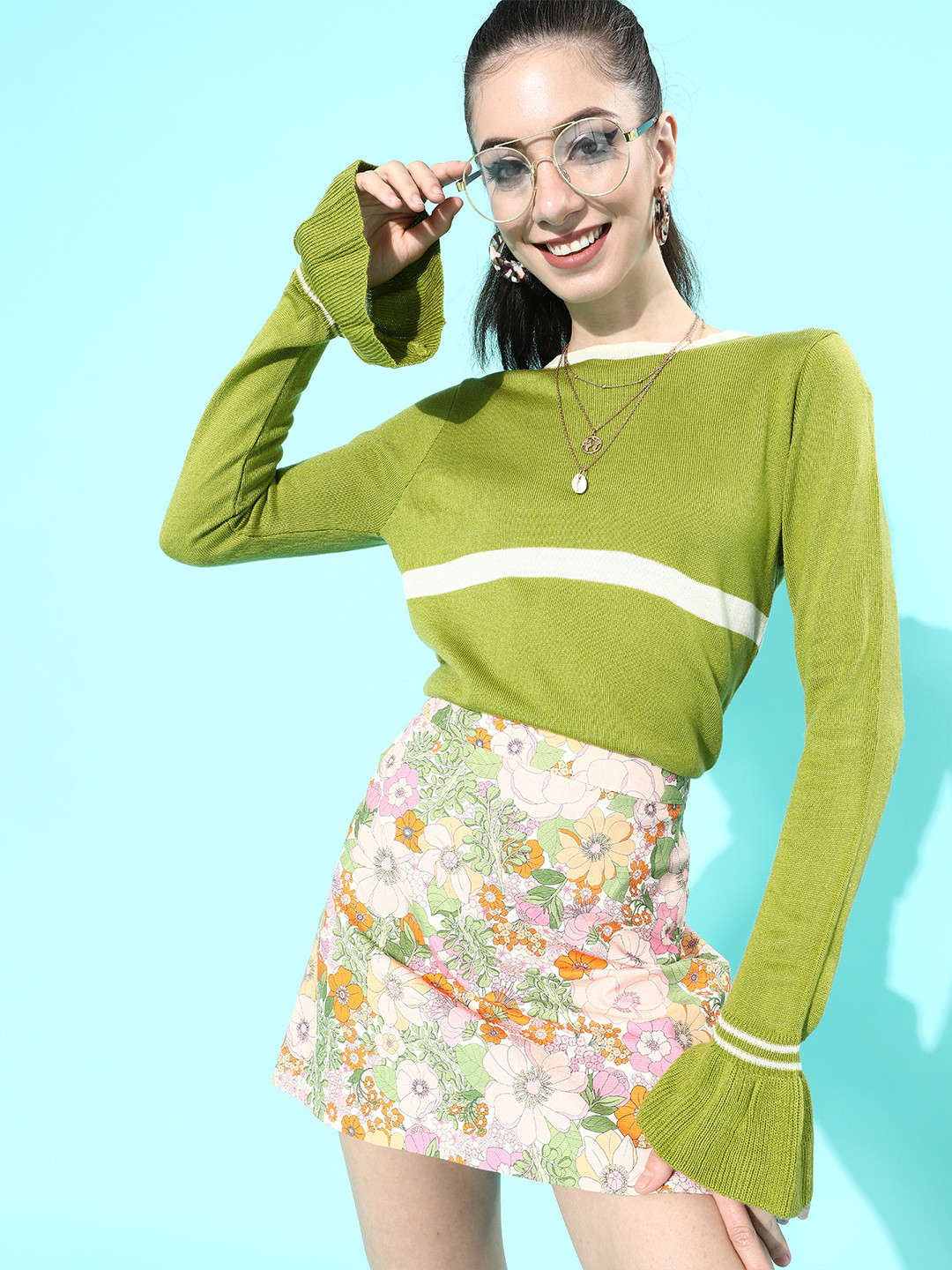 

DressBerry Women Green Striped Bell Sleeves Sweater