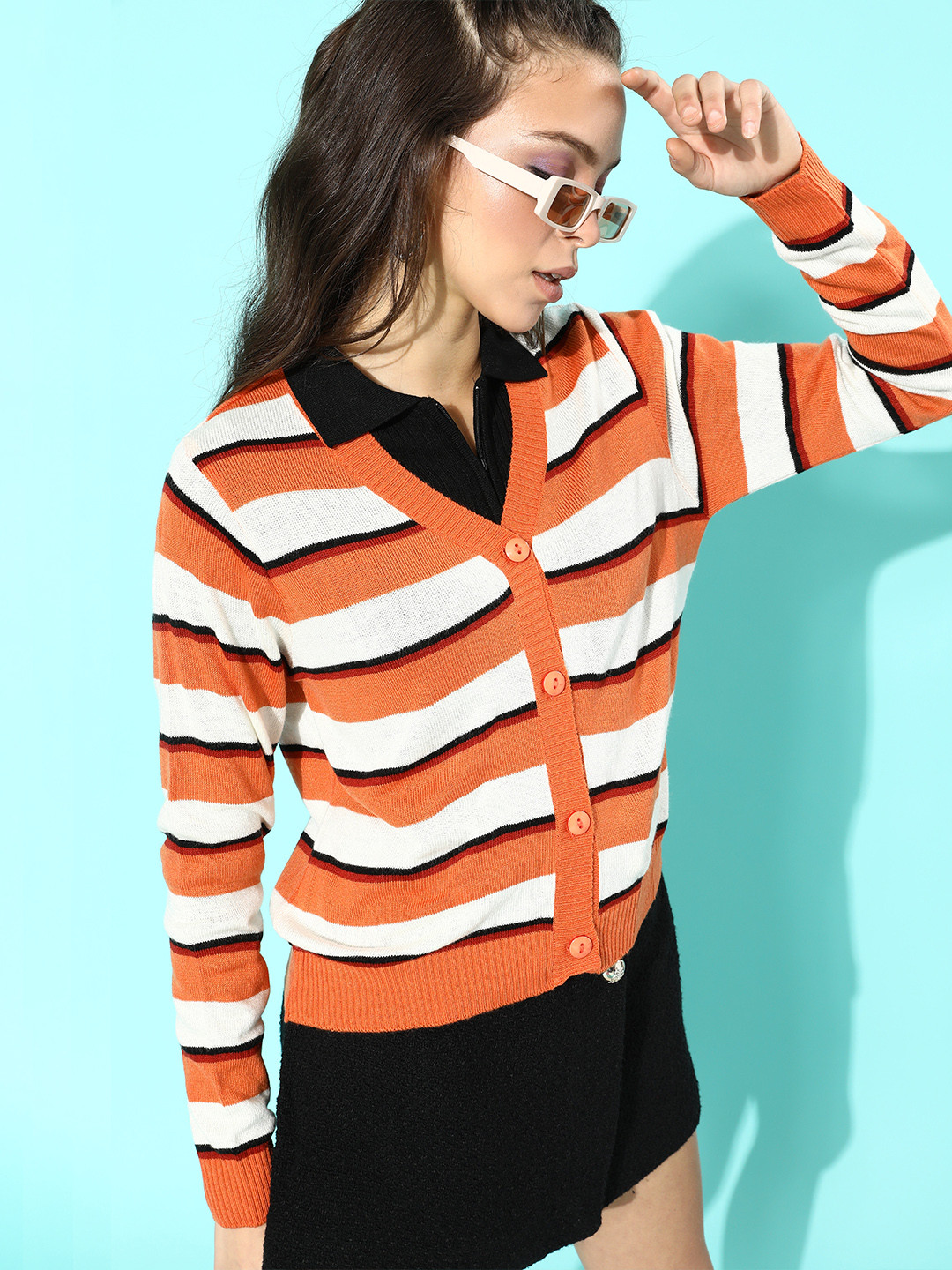 

DressBerry Women Orange Striped V-neck Vest Sweater